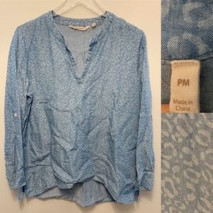 SOFT SURROUNDINGS Topnotch Cheetah Chambray Tunic Petite Medium Roll Tab Sleeve